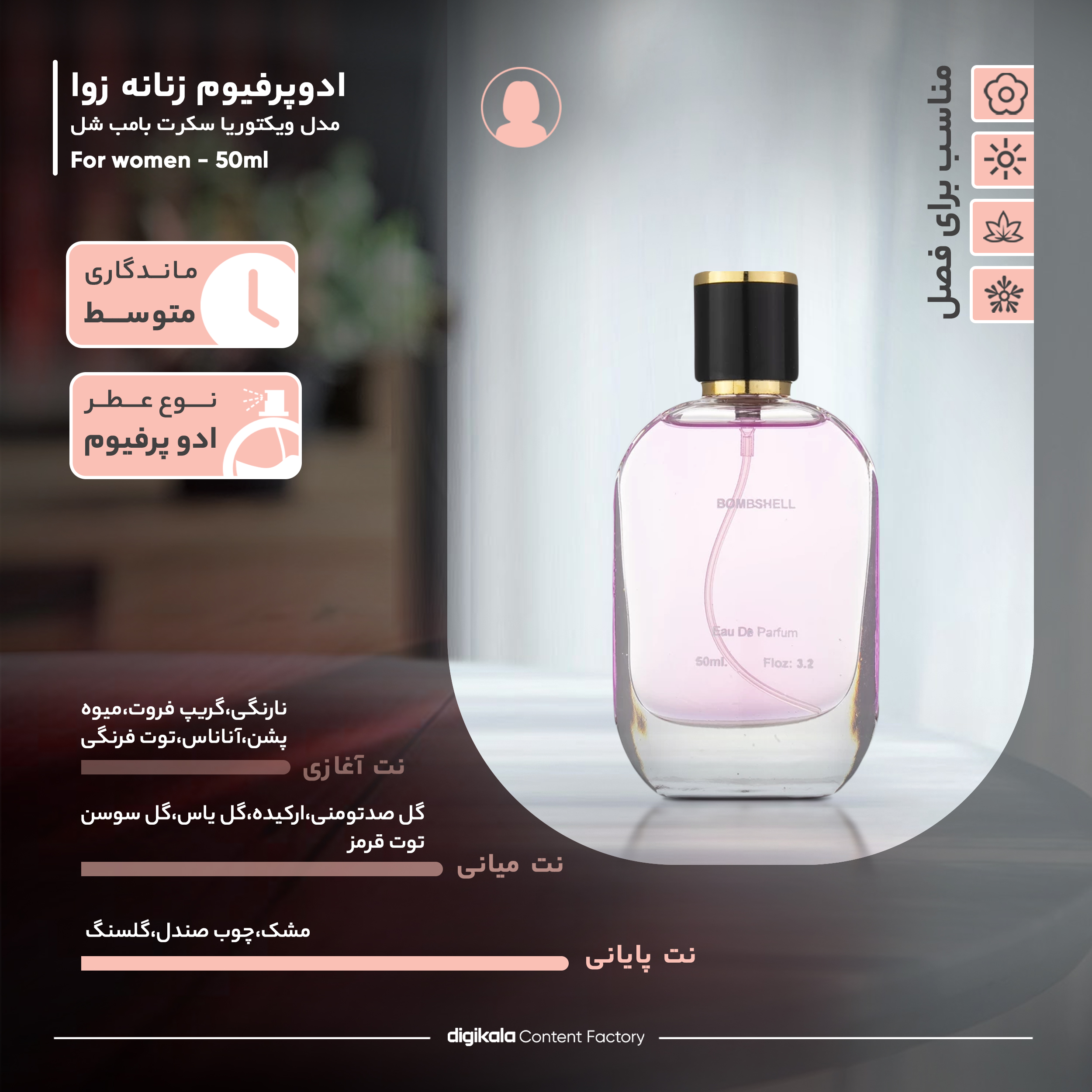 ادوپرفیوم زنانه زوا مدل ویکتوریا سکرت بامب شل حجم 50 میلیلیتر