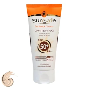 كرم ضد آفتاب رنگی سان سيف، مدل SPF50، مناسب انواع پوست تنالیته رنگ روشن و حجم 50 میلی‌لیتر، محافظت کننده در برابر اشعه UVA و UVB، مرطوب کننده، +++ PA، ضد لک، روشن کننده، ضد چروک، دارای فرمولاسیون فیزیکی، با ماندگاری 2 ساعته
