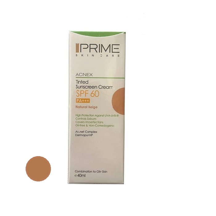کرم ضدآفتاب رنگی پرایم، 60 SPF، مدل 02، مناسب پوست چرب و مختلط تنالیته رنگ متوسط و حجم 40 میلیلیتر، محافظت کننده در برابر اشعه UVA،IRو UVB، کنترل کننده ترشح سبوم، فاقد چربی و غیر کومدونزا، +++PA، پوشش دهنده جای جوش، با ماندگاری 3 ساعته