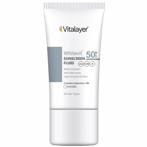 فلوئید ضدآفتاب بیرنگ ویتالیر SPF50 مدل Whitevit مناسب انواع پوست، حجم 50 میلیلیتر